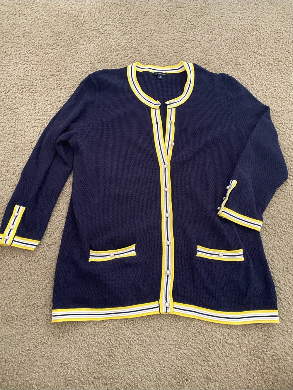 Talbots Navy Knit Cardigan with Yellow and White Trim Medium
